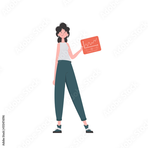 A woman holds a panel with analyzers and indicators in her hands. IOT and automation concept. Isolated. Vector illustration in flat style.