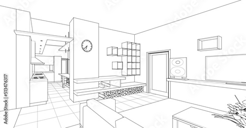 interior kitchen living room 3d illustration