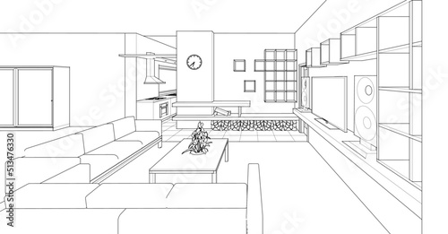 interior kitchen living room 3d illustration