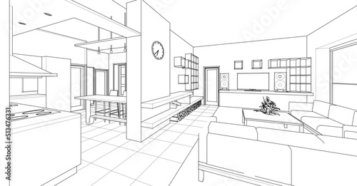 interior kitchen living room 3d illustration
