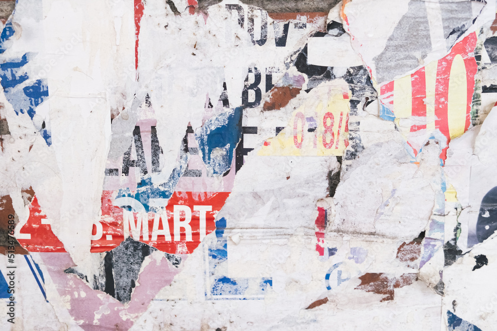 Fototapeta premium Torn street poster background, abstract ripped paper collage with text and numbers