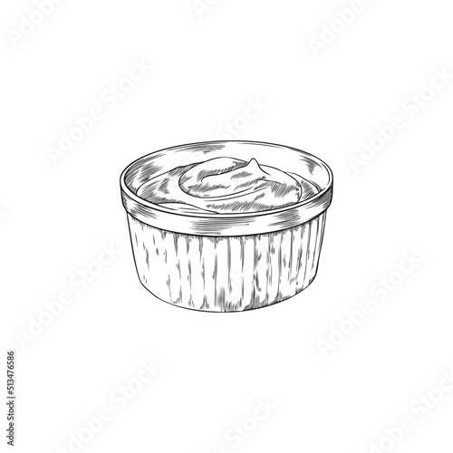 Food sauce or relish for snacks in cup, engraving vector illustration isolated.