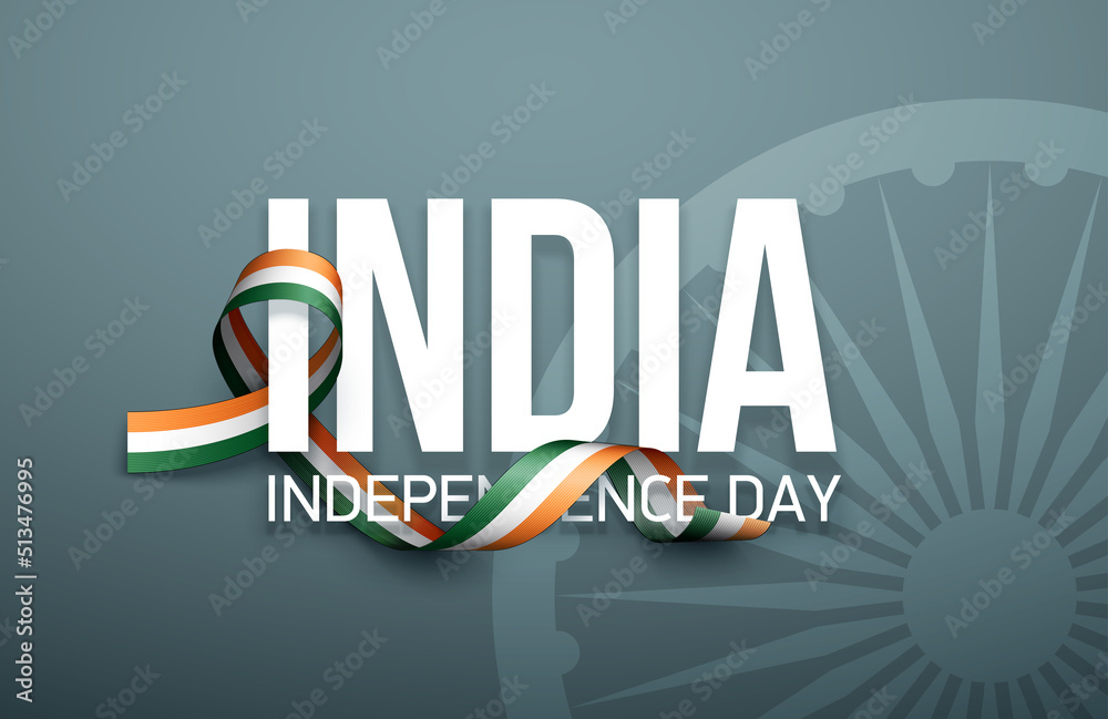 illustration festive banner of happy independence day with India national flag isolated on dark background. greeting Card 15 august ribbon flag Happy independence day. Flat design style with shadow - obrazy, fototapety, plakaty 