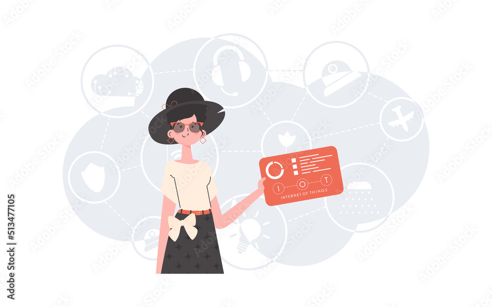 Internet of Things and Automation Concept. A woman holds a panel with analyzers and indicators in her hands. Good for websites and presentations. Trendy flat style. Vector. Internet of Things and Automation Concept. A woman holds a panel with analyzers and indicators in her hands. Good for websites and presentations. Trendy flat style. Vector.