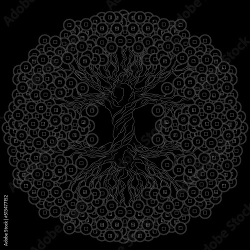 Money tree with Chinese coins. A traditional feng shui symbol for attracting wealth and prosperity. White illustration.