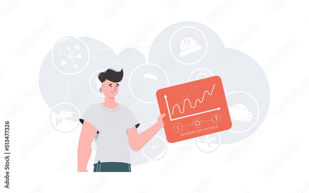 IoT concept. A man holds a panel with analyzers and indicators in his hands. Good for websites and presentations. Vector illustration.