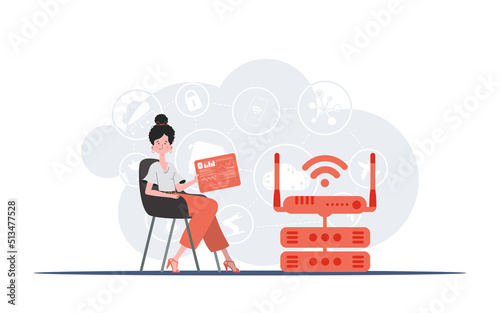 IoT concept. A woman sits in a chair and holds a panel with analyzers and indicators in her hands. Good for websites and presentations. Vector illustration.