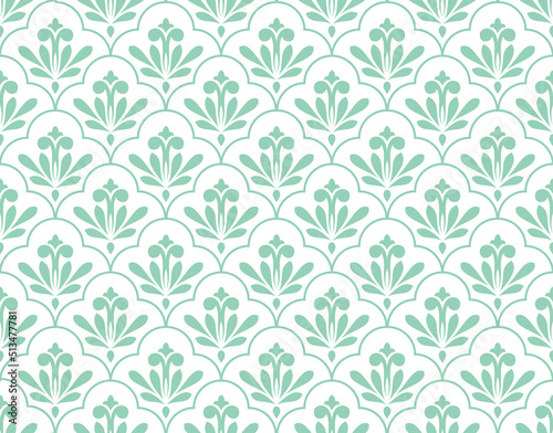 Flower geometric pattern. Seamless vector background. White and green ornament. Ornament for fabric, wallpaper, packaging. Decorative print