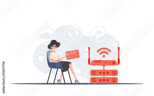 IoT concept. A woman sits in a chair and holds a panel with analyzers and indicators in her hands. Good for websites and presentations. Vector illustration in trendy flat style.