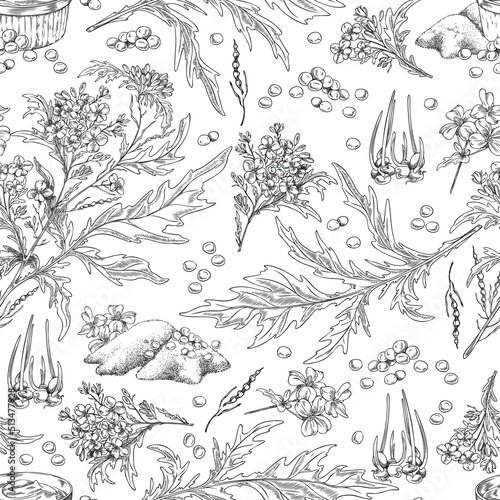 Hand drawn monochrome seamless pattern with mustard powder, seeds and plants sketch style