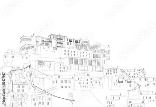 The outline of the city in ruins from black lines isolated on a white background. Hillside houses. Vector illustration.