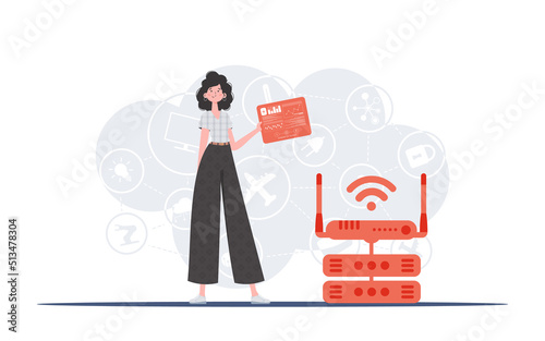 IOT and automation concept. A woman holds a panel with analyzers and indicators in her hands. Good for websites and presentations. Vector illustration in trend flat style.