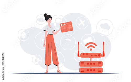 IOT and automation concept. A woman holds a panel with analyzers and indicators in her hands. Good for websites and presentations. Vector illustration in flat style.