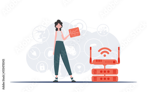IoT concept. A woman holds a panel with analyzers and indicators in her hands. Good for websites and presentations. Vector illustration in flat style.