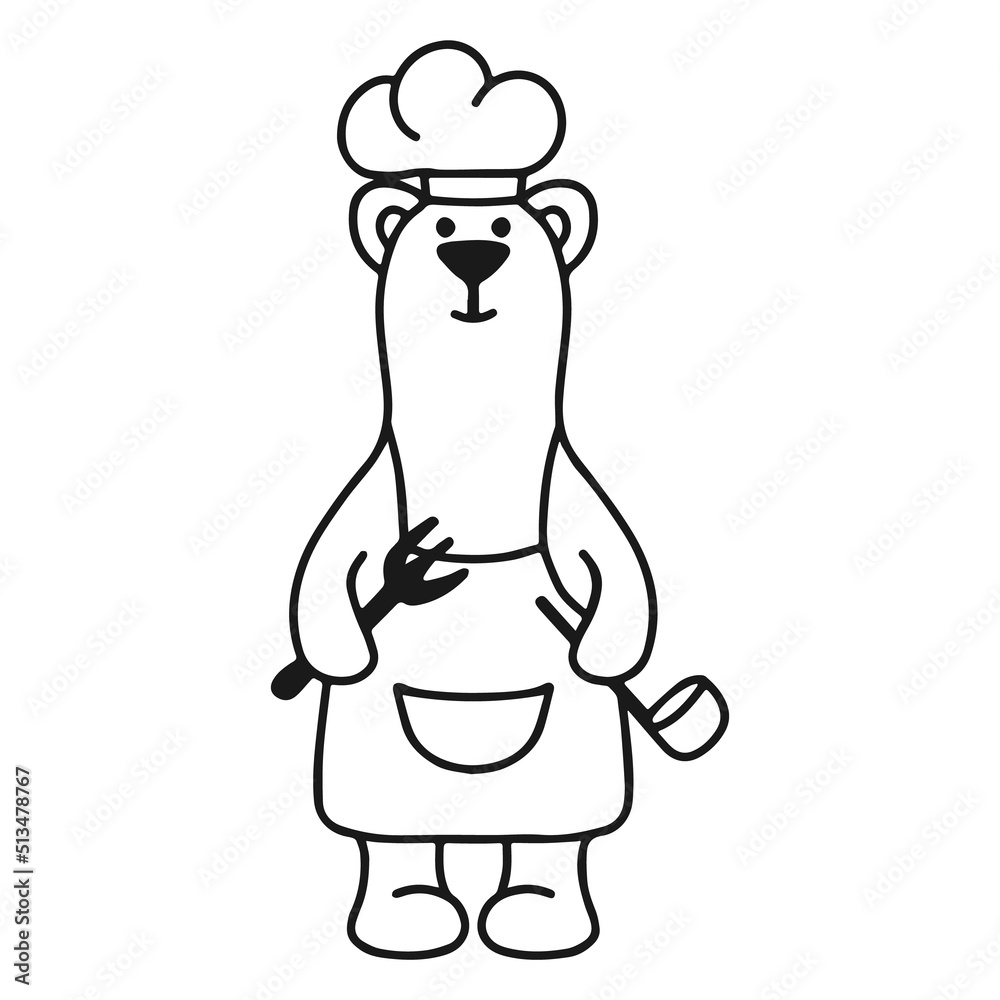 Funny teddy bear with a ladle and fork. Vector illustration. Doodle style. Suitable for holiday decoration. Funny teddy bear with a ladle and fork. Vector illustration. Doodle style. Suitable for holiday decoration.