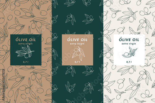 Vector set labels with olive branch - simple linear style. Emblems composition with olives and typography. Seamless pattern.