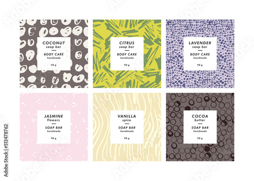 Vector set seamless patterns for cosmetics with template design labels. Abstract contemporary backgrounds for handmade soap.