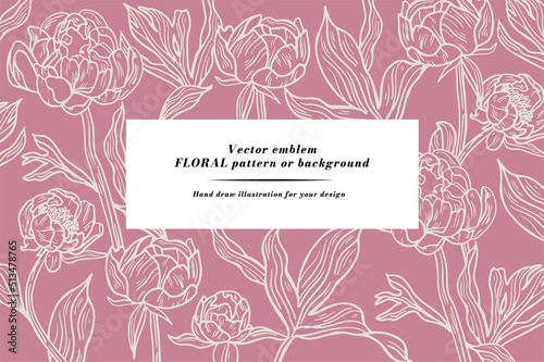 Vector background with peony flowers in vintage style. Horizontal floral card with frame for text.