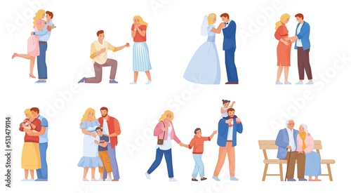 Stages of family. Couple marriage concept, parent planning relationship pregnancy plan birth boy, people generation cycle happy parents wedding and kids, swanky vector illustration