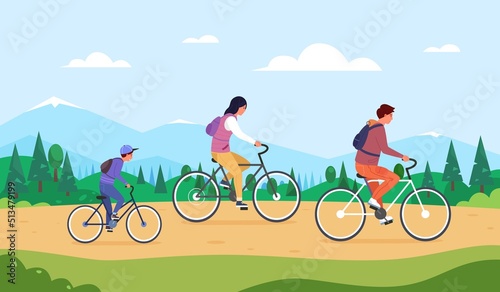 Family forest cycling. Spring ride on bicycle green countryside, happy child biker cycle hiking healthy activity leisure outdoor mountain nature