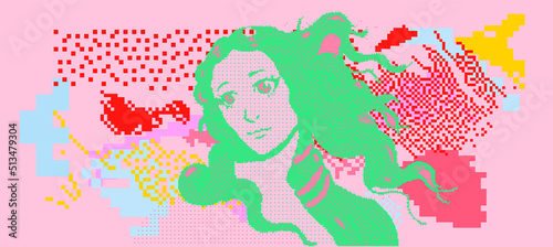 Pixel art vector illustration of Venus in anime style. Webpunk and webkitsch aesthetics.
