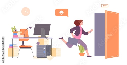 Businesswoman leaves office. Woman run away job to exiting door, employee procrastinate work, lady late home, working escape on break, procrastination concept vector illustration