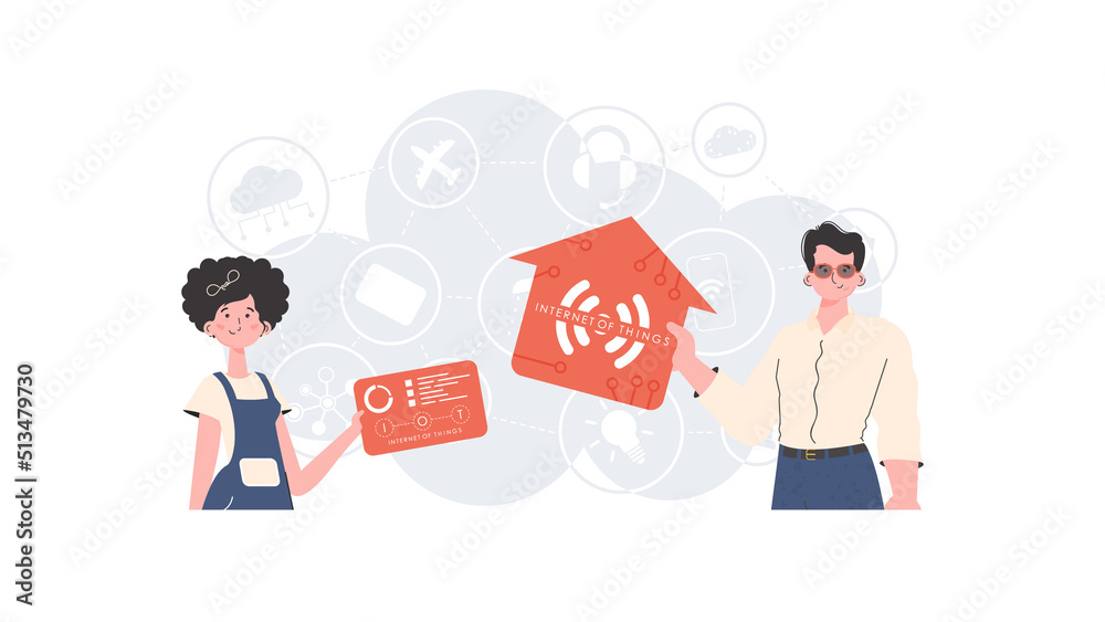 IoT concept. A man and a woman are a team in the field of the Internet of things. Good for presentations and websites. Trendy flat style. Vector.