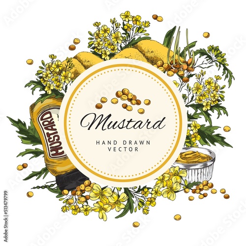 Round frame with hand drawn mustard sauce, plants and seeds, sketch style