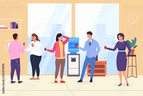 Cooler conversation. Coworkers gossip on coffee break or rest, colleagues talking at water dispenser, two employee with drink cup chat in office workplace, flat vector illustration
