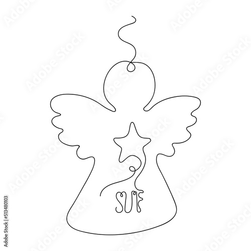 Merry Christmas Angel. Christmas tree toy. Continuous one Line drawing. Vector illustration.