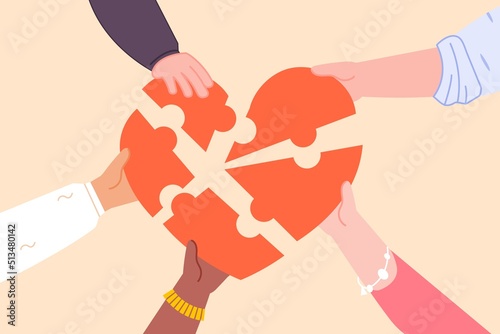 Hands sharing life. People hand sharing heart, generosity symbol cooperative love marriage, kind-hearted sponsorship charity donate care health human help, vector illustration photo