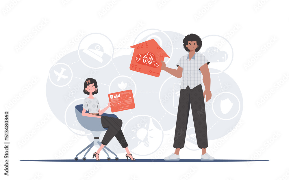 IoT concept. The girl and the guy are a team in the field of Internet of things. Good for websites and presentations. Vector illustration. IoT concept. The girl and the guy are a team in the field of Internet of things. Good for websites and presentations. Vector illustration.
