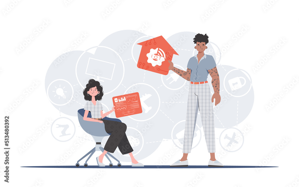 Internet of things concept. A man and a woman are a team in the field of the Internet of things. Good for websites and presentations. Vector illustration in trendy flat style.