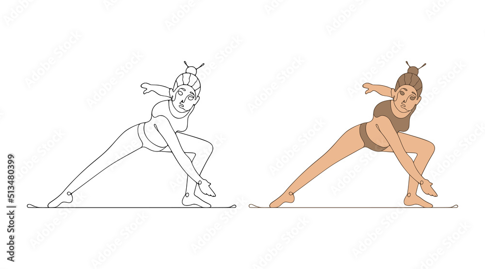 Vector illustration of a girl doing gymnastics and doing bends in different directions. A beautiful woman doing physical exercises.