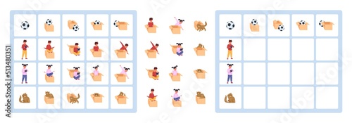 Worksheet prepositions. English prepositions learning game, preschool grammar education activity child, visual study cartoon character position to place of box, vector illustration