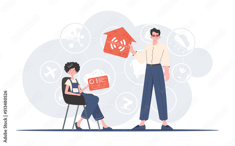 Internet of things concept. A man and a woman are a team in the field of the Internet of things. Good for presentations and websites. Trendy flat style. Vector. Internet of things concept. A man and a woman are a team in the field of the Internet of things. Good for presentations and websites. Trendy flat style. Vector.