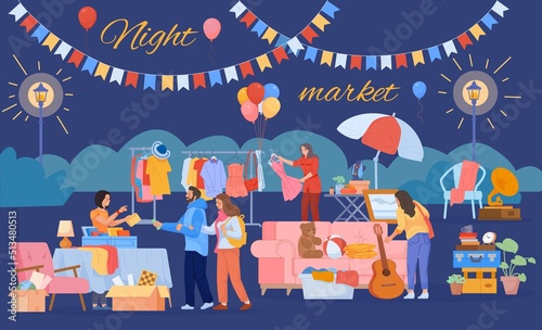 Night flea market. Cartoon fleas bazaar neighborhood, garage store sale antique furniture second hand fashion clothing, fair retail used hipster things, swanky vector illustration