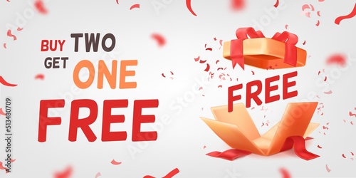 Free prize 3d. Giveaway gifts shopping offer trendy banner, buy 1 get 2 bonus box promo ads leaflet sale poster winning giving reward giftbox confetti explosion vector illustration