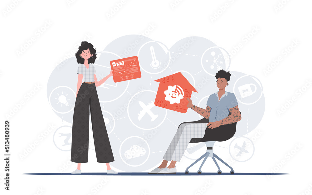 Internet of things concept. The girl and the guy are a team in the field of Internet of things. Good for presentations and websites. Vector illustration in trendy flat style.
