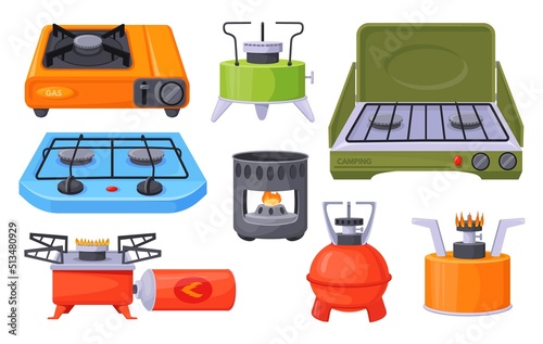 Camping stove. Cartoon gas camp burner, portable indoor cooker, outdoor furnace for picnic cooking on heat flame propane hob butane fire travel stoves cook neat vector illustration photo