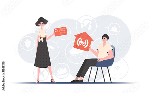Internet of things concept. The girl and the guy are a team in the field of Internet of things. Good for presentations and websites. Vector illustration in trendy flat style. © Javvani