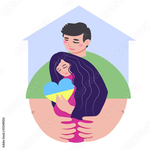 Pray for ukraine. Hugging man and woman. Stand with Ukraine card idea. Heart in the colors of the Ukrainian flag