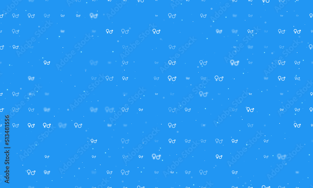 Seamless background pattern of evenly spaced white gender symbols of different sizes and opacity. Vector illustration on blue background with stars