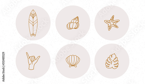 Summer badges with clockwork seashells, flowers and hands in circles. Vector illustration. Set of icons and emblems for social media news covers. Design templates for yoga studio, tourism, beauty salo