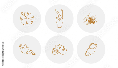 Summer badges with clockwork seashells, flowers and hands in circles. Vector illustration. Set of icons and emblems for social media news covers. Design templates for yoga studio, tourism, beauty salo