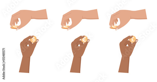 Vector set of hands that hold dollar, euro and sterling coins. Hands interact with money flat icon set.