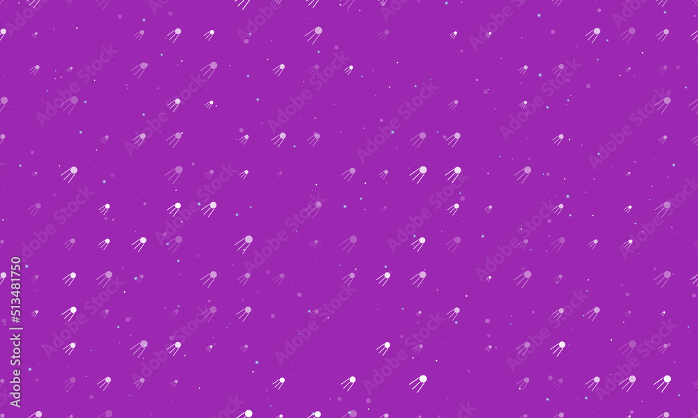 Seamless background pattern of evenly spaced white satellite symbols of different sizes and opacity. Vector illustration on purple background with stars