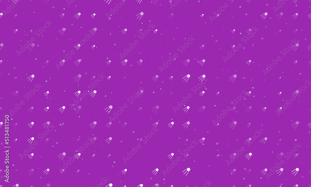 Seamless background pattern of evenly spaced white satellite symbols of different sizes and opacity. Vector illustration on purple background with stars Seamless background pattern of evenly spaced white satellite symbols of different sizes and opacity. Vector illustration on purple background with stars