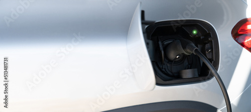 Close up of electric car inlet with a connected charging cable. Copy space