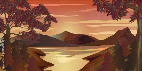 Landscape of Mountain Nighty Color. Beautiful Mountain Scenery in the Dusk Vector Illustration